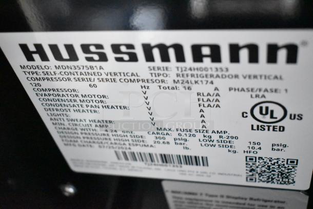 Hussmann MDN3575B1A label detailing model, compressor type, phase, UL certification, and voltage specifications.