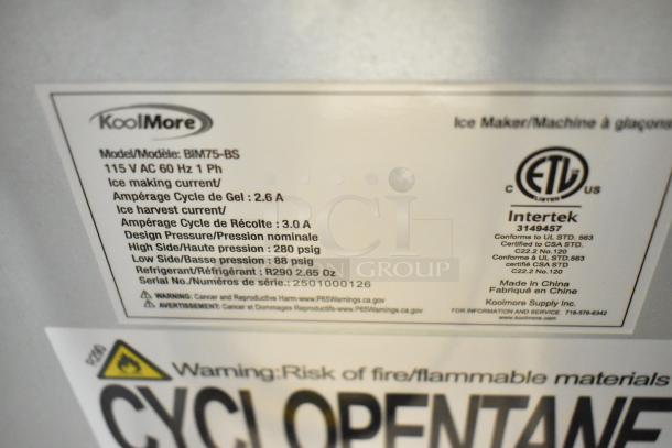 BRAND NEW KoolMore BIM75-BS Ice Maker label, showing model, 115V, 1 phase, refrigerant info, certifications, and warnings.