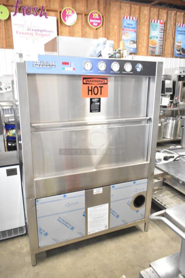 Douglas SD-20-IREL stainless steel commercial pot and pan washer, natural gas powered, 480V, 3 phase, 45,000 BTU, warning label visible.