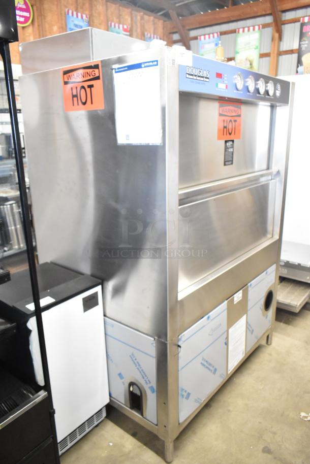 Douglas SD-20-IREL stainless steel pot and pan washer, natural gas, 480V, 3-phase, 45,000 BTU, warning "HOT" labels visible.