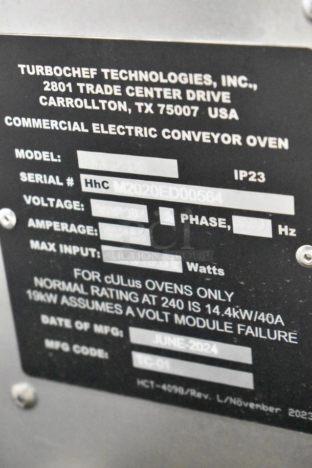 2024 Turbochef HhC2020 commercial electric conveyor oven label, showing model details, voltage 208/240V, 3 phase, 40A, 14.4kW.