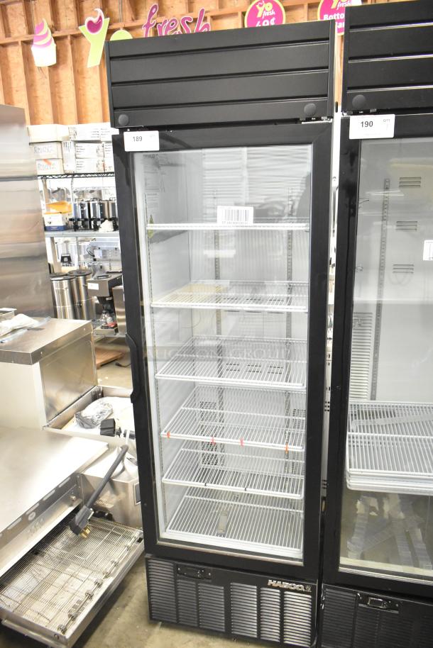 2019 Habco SE18 commercial single-door cooler, black finish, poly coated racks, 115V, excellent condition, auction tag visible.