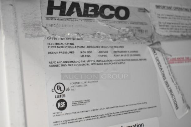 Label on 2019 Habco SE18 Reach-In Cooler, showing electrical rating 115V, 1 Phase, design pressures 375/175 PSIG, UL and NSF listed.