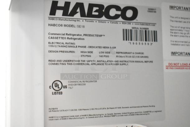 2019 Habco SE18 commercial cooler label, showing model, electrical rating (115V, 1 phase), and UL certification.