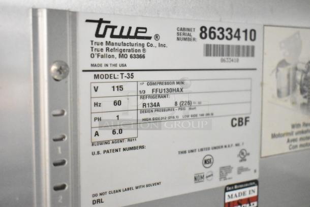 True T-35 Stainless Steel Cooler label showing model number, voltage, phase, refrigerant type, and serial number.