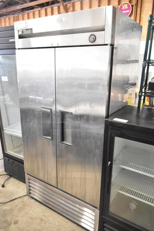 True T-35 stainless steel 2-door commercial cooler, poly-coated racks, commercial casters, 115V, 1 phase, with visible True branding.
