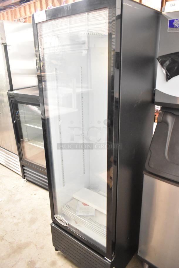 KoolMore KM-MDR-1GD-10C reach-in cooler with glass door, poly-coated racks, and commercial casters; condition appears used.