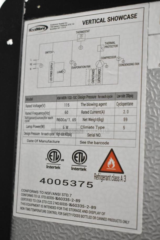 KoolMore KM-MDR-1GD-10C cooler label showing electrical specs, ETL certification, and refrigerant warning.