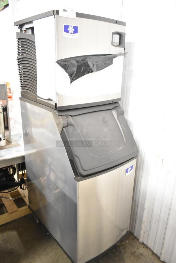 2024 Manitowoc IDT0420A-161 Indigo NXT ice machine on commercial bin. Stainless steel, 470 lb capacity, 115V, 1 phase.