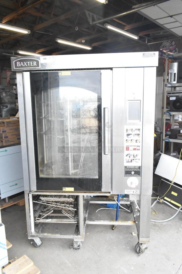 Baxter BV400G stainless steel gas-powered mini rotating rack oven on casters, with visible control panel and Baxter branding.