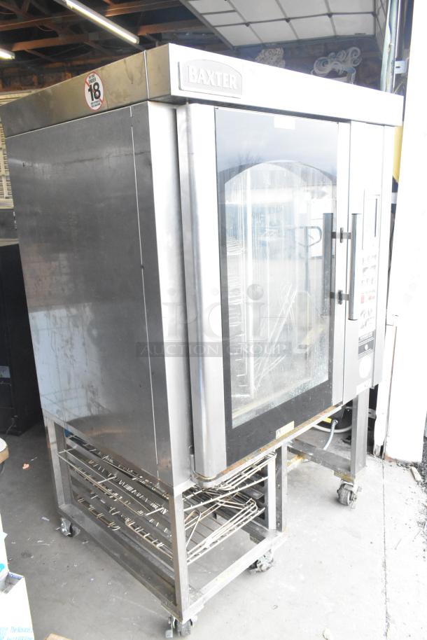 Baxter BV400G stainless steel gas-powered mini rotating rack oven on commercial casters, visible controls, clean condition.