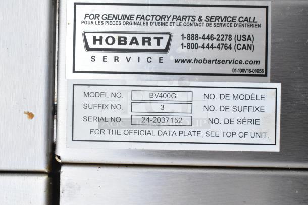 Baxter BV400G stainless steel commercial rotating rack oven, on casters, model BV400G, serial 24-2037152, manufactured by Hobart.