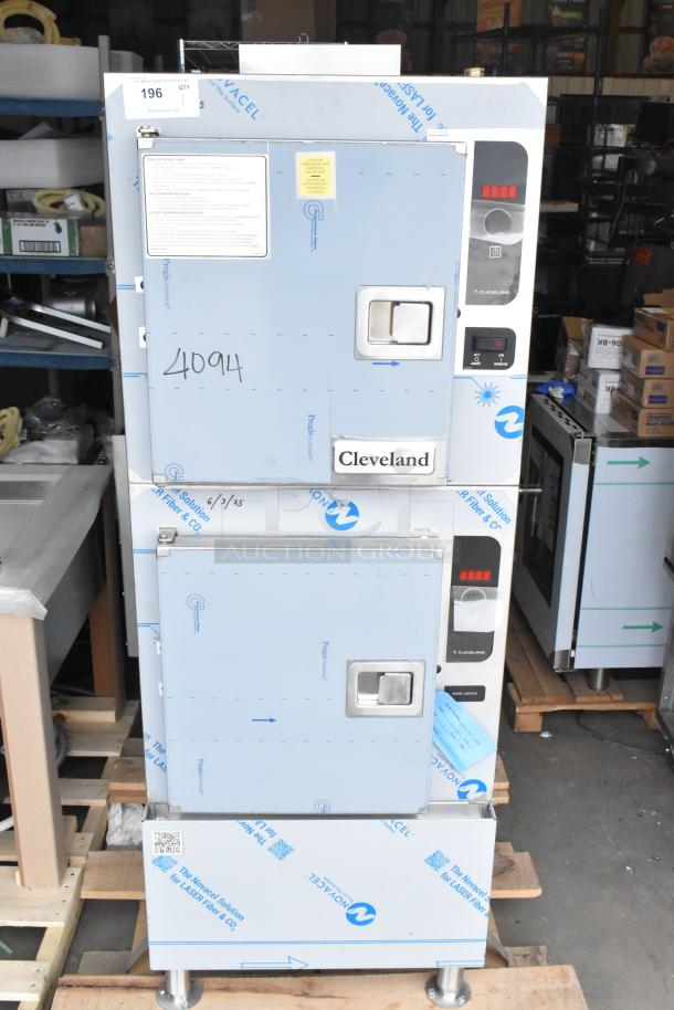 Brand new Cleveland 24CGA10 stainless steel 2-deck steam cabinet, natural gas, 125,000 BTU, scratch and dent condition.