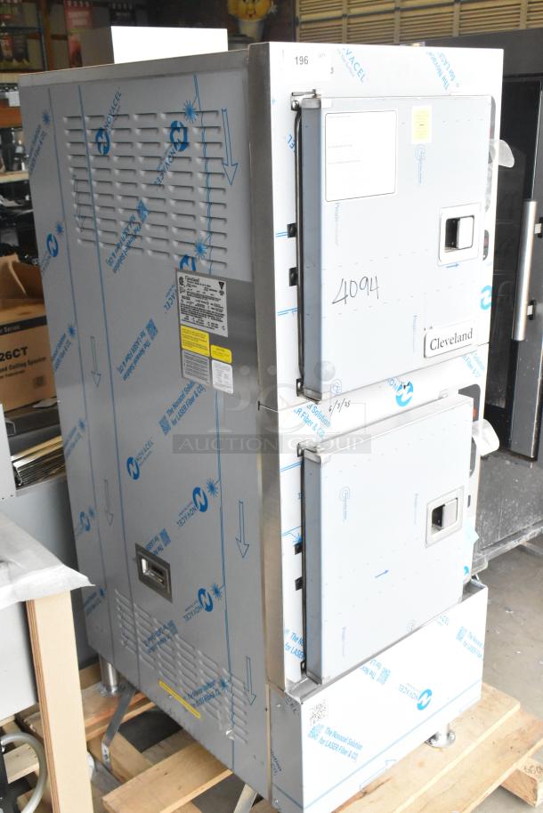 Cleveland 24CGA10 stainless steel 2-deck steam cabinet, brand new scratch and dent, 125,000 BTU, natural gas powered.