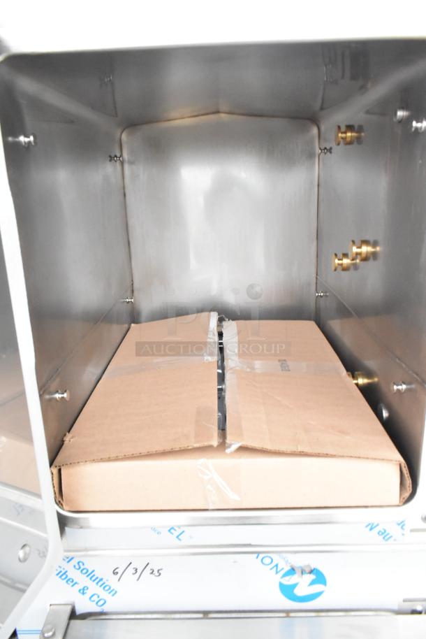 Cleveland 24CGA10 stainless steel commercial steam cabinet, two-deck, 125,000 BTU, brand new, minor scratches visible.