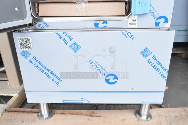 Brand new 2025 Cleveland 24CGA10 stainless steel steam cabinet, natural gas, 2 decks, 125,000 BTU, protective film visible.