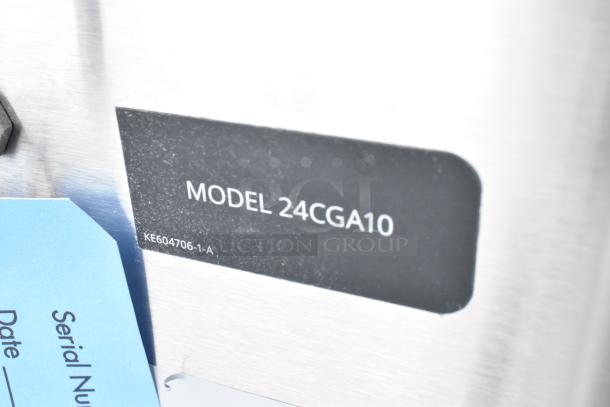 Cleveland 24CGA10 model tag on stainless steel steam cabinet. Brand new, natural gas, 125,000 BTU, 2-deck, scratch and dent.