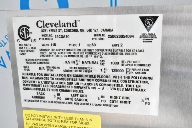 Label of Cleveland 24CGA10 steam cabinet, 2025 model, 125,000 BTU. Indicates natural gas, 115V, 3-phase, suitable for commercial use.