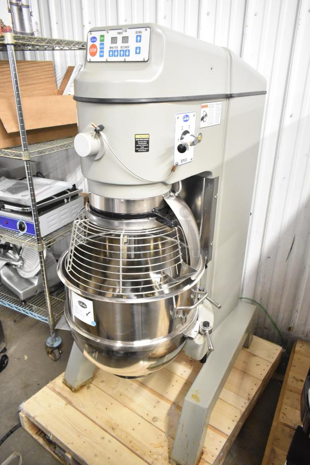 Brand new Globe SP80 80 Quart Planetary Dough Mixer with bowl, guard, 220V, 3-phase. Tags and controls visible.