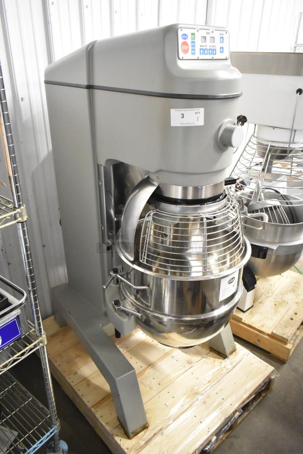 BRAND NEW Globe SP80 commercial dough mixer, 80-quart capacity, with mixing bowl and bowl guard, 220V, 3 phase.