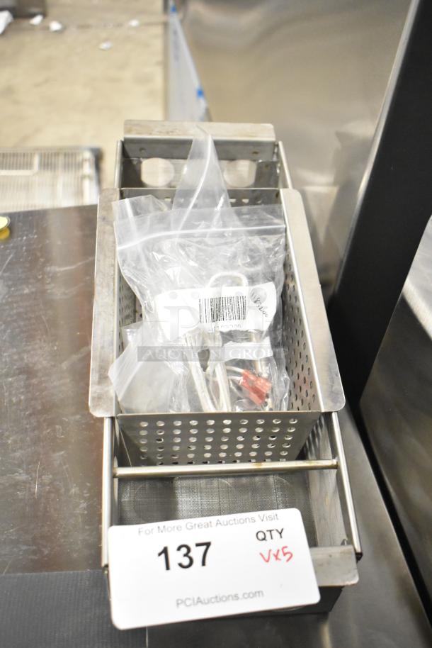 Stainless steel basket with new coil, thermostatic control, and accessories in plastic bags. Auction tag reads "137, QTY Vx5."