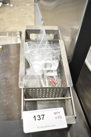 Stainless steel basket with new coil, thermostatic control, and accessories in plastic bags. Auction tag reads "137, QTY Vx5."
