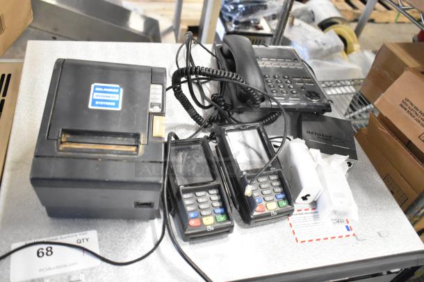 Five business devices including a receipt printer, two credit card readers, a phone, and a Netgear router, used condition.