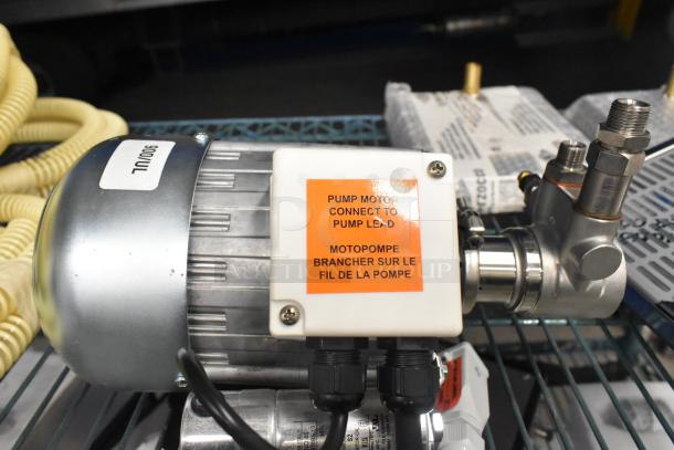 La Marzocco Modbar Espresso AV System pump motor, labeled for pump lead connection. Brand new, silver finish.