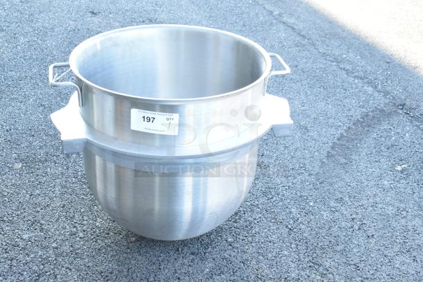 BRAND NEW Varimixer VBOWL-60 stainless steel 60-quart mixing bowl, commercial grade, with handles and auction label.