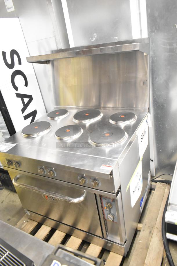 Brand new Cooking Performance Group 351ER36SD 36" 6-burner stainless steel electric range with oven, over shelf, and backsplash.