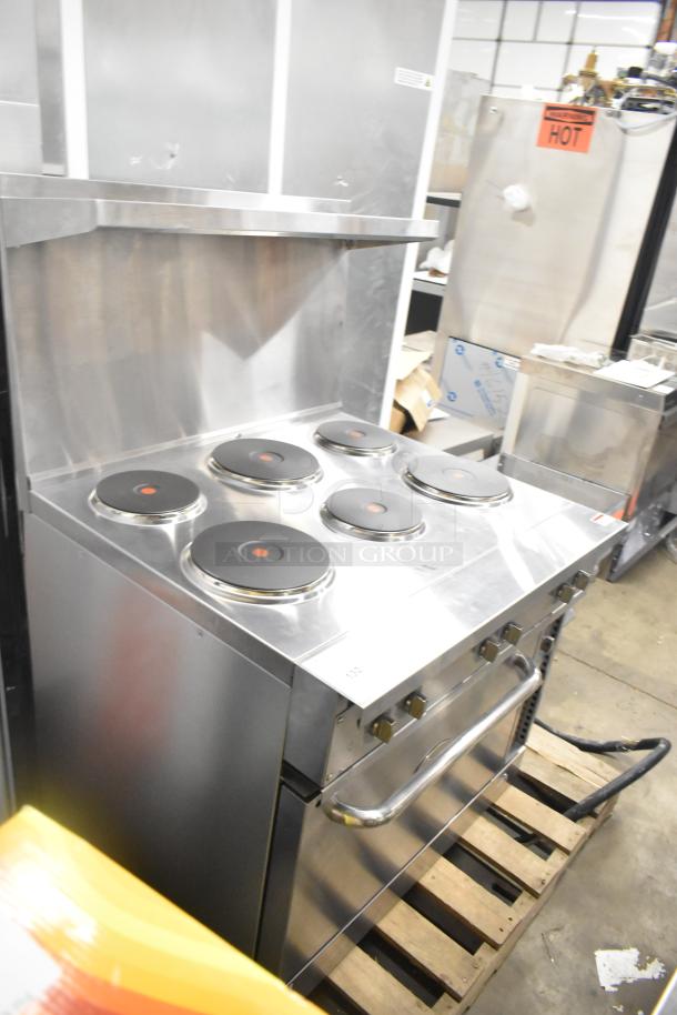 Brand new Cooking Performance Group 351ER36SD 36" 6-burner electric range with stainless steel finish, oven, and shelf.