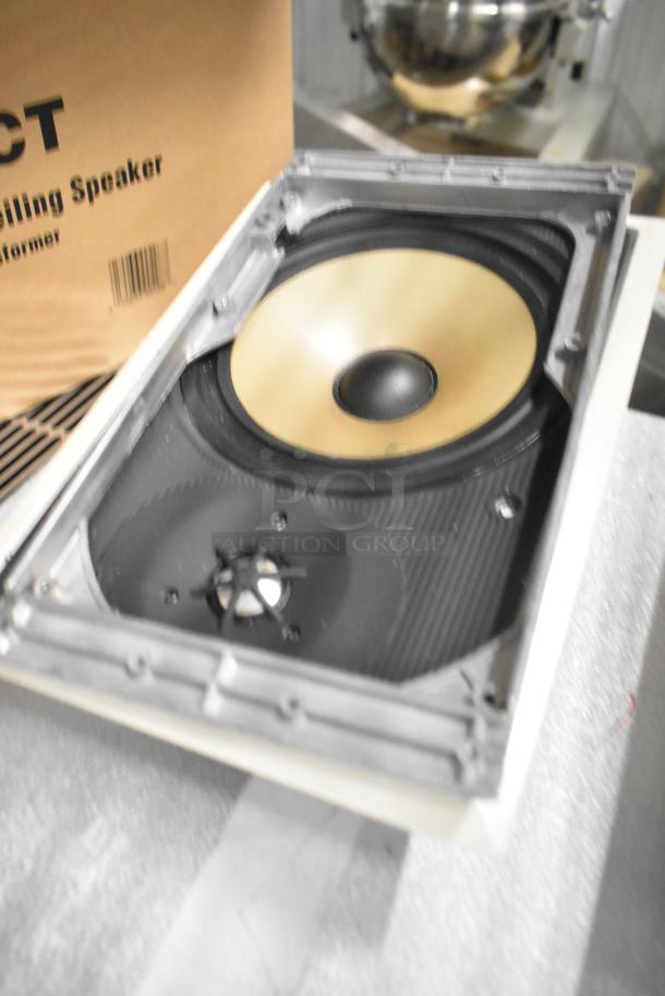 2 Control 126WT In-Wall Loudspeaker, features gold cone and black surround. Slight wear visible. Box indicates "Ceiling Speaker."