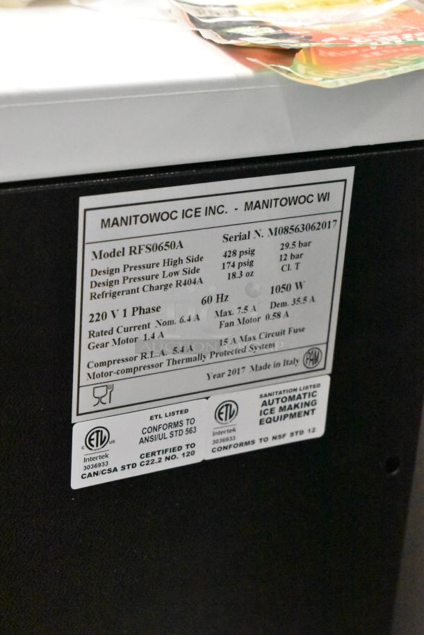 BRAND NEW 2017 Manitowoc RFS0650A Ice Head, stainless steel, 220V, 1 Phase, scratch and dent condition. Labels show specs.