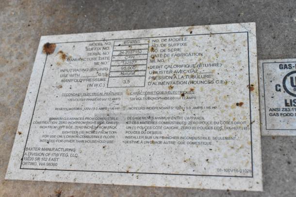 2020 Baxter BV400G stainless steel commercial natural gas mini rotating rack oven label showing specifications.