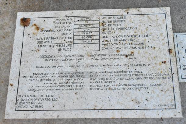 2020 Baxter BV400G stainless steel commercial rack oven label, 95,000 BTU, natural gas, on commercial casters. Model and specs visible.