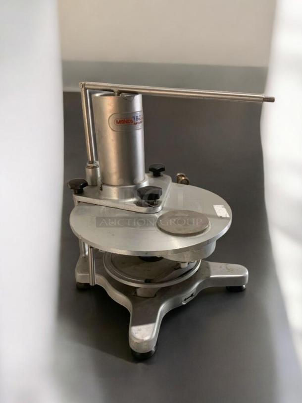 MAINCA MH-120 INT manual burger patty press, outstanding condition, fully tested, stainless steel construction, manufacturer's label visible.