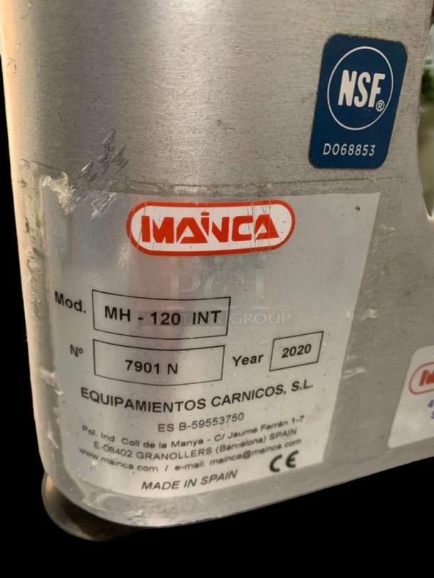 MAINCA MH-120 INT manual burger patty press label, showing model, number 7901 N, year 2020, NSF certified, Made in Spain.