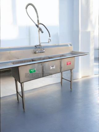 Stainless steel 3-compartment commercial sink with pre-rinse sprayer, prime condition, fully tested and working, labeled wash, rinse, sanitize.