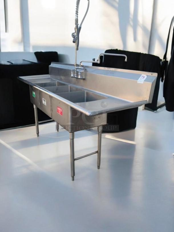 "Prime Condition" Heavy Duty Stainless Steel 3-compartment sink with pre-rinse sprayer, fully tested and working, commercial use.