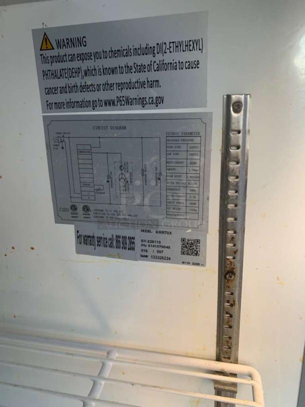 Kn’téra KRR70X refrigerated prep table label showing model, service number, and circuit diagram in outstanding condition.