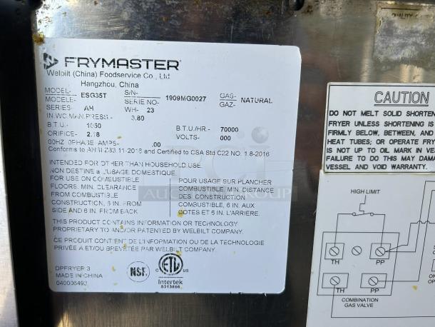 Frymaster ESG35T 35 lb. propane fryer label showing model, serial number 1909MG0027, and safety instructions.