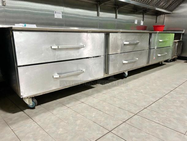 Randell 20105SC refrigerated equipment stand, stainless steel, four-drawer, tested, working condition, on casters.