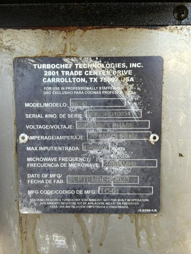 TurboChef Sota microwave/convection oven label showing model NCOSHD1003A, 208-240V, 20A, 4160/4800W, manufactured September 2023.