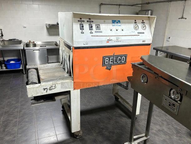 Belco ST Serial 4428 shrink tunnel, 220V 1-phase, orange and white, tested and working. Visible controls and branding.
