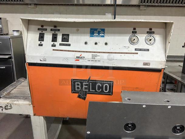 Belco Model ST shrink tunnel, serial 4428, 220V, 1-phase, tested working. Features include control dials and Belco branding.