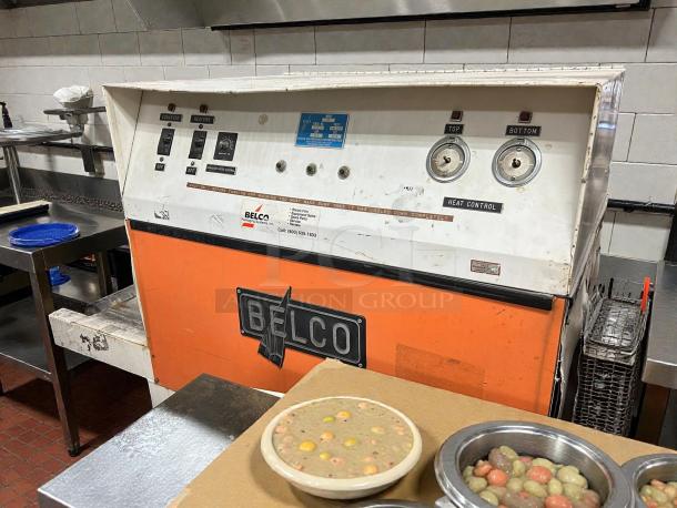 Belco Model ST shrink tunnel, serial 4428, tested and working, 220 volts, 1-phase. Control panel with heat dials, used condition.