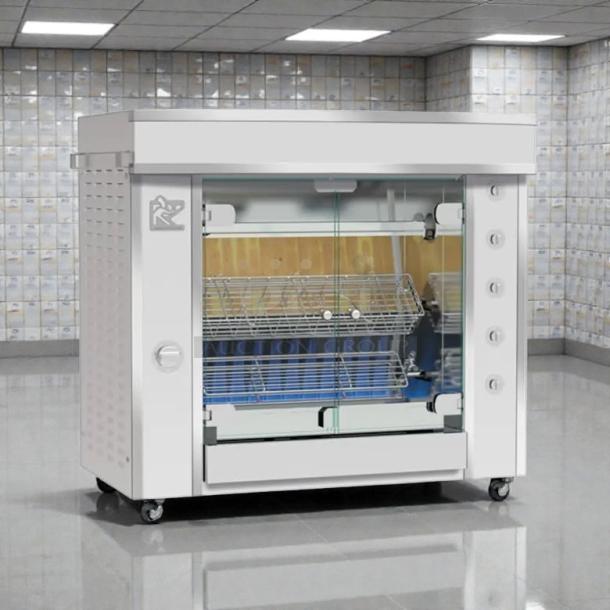 Rotisol USA GF975-2G-SS gas rotisserie, 2 spits, holds 6 birds, natural gas, tested working, stainless steel, excellent condition.