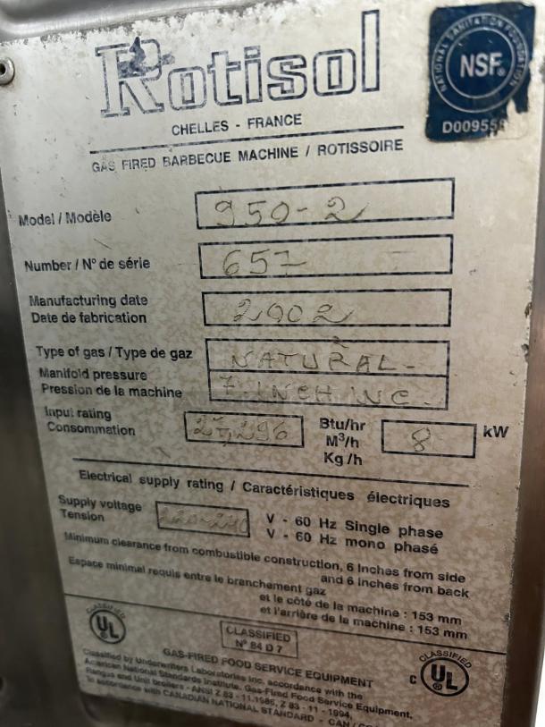 Rotisol USA GF975-2G-SS gas rotisserie label, shows model, serial number, and specs. UL, NSF certified. Natural gas use.