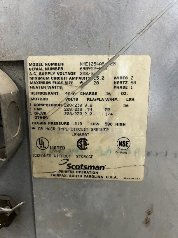 Scotsman Model NME125AS-2B Ice Machine Head, excellent condition, 208/230v, 1ph, tested and working.