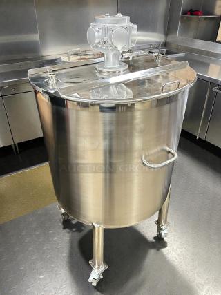 USA Lab 300L ASME certified mixing solvent tank, stainless steel, like new condition, with caster wheels and top mixer unit.